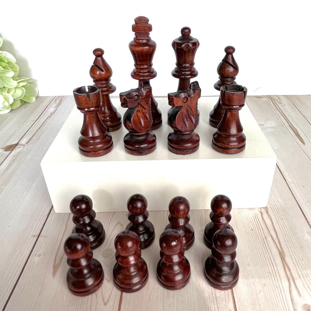 Vintage Carved Wood Chessmen Set French Staunton Style, 3.125" King, 32 pieces